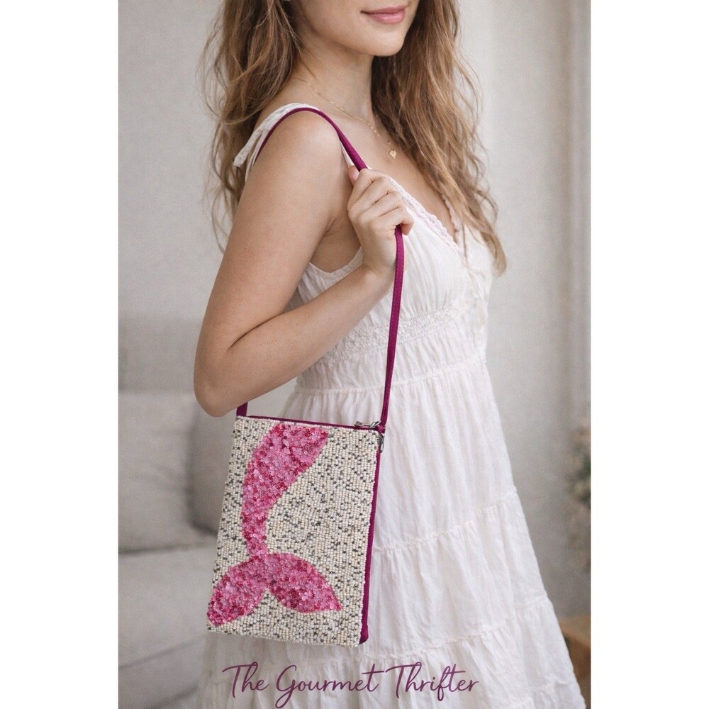 Bamboo Trading Co. Club Bag Pink Mermaid Beaded Travel Cell Phone Crossbody